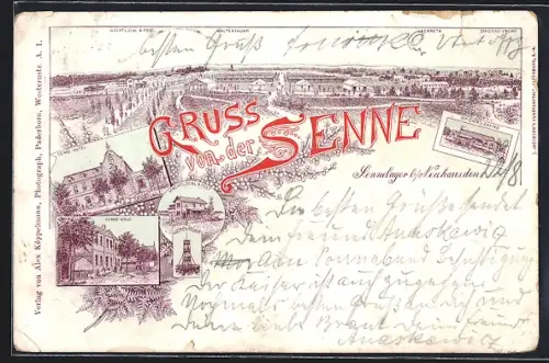 Vorläufer-Lithographie Sennelager b. Neuhaus, 1895, Senne-Hotel, Gasthaus Senne-Krug, Teilansicht mit Wachtlokal & Post