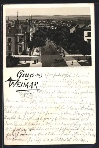 Lithographie Weimar / Thüringen, Ortsansicht aus der Vogelschau