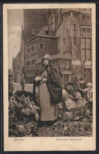 AK Aachen, Markt am Posrwagen, Frau mit Kohl