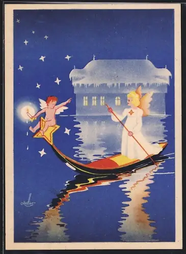 AK Konstanz, Weihnachtsmarkt am Bodensee 1947, Engel im Ruderboot