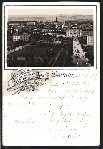Lithographie Weimar / Thüringen, Ortsansicht aus der Vogelschau