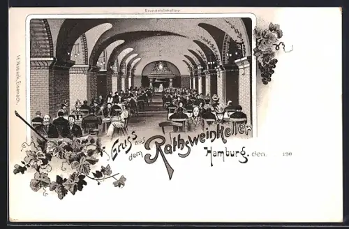 Lithographie Hamburg, Rathsweinkeller, Grundsteinkeller