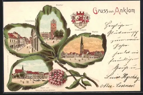 Lithographie Anklam, Steinstrasse, Steintor, Markt, Stadtwappen