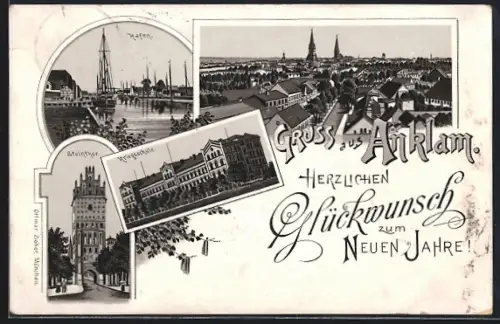 Vorläufer-Lithographie Anklam, 1895, Hafen, Kriegsschule, Steintor, Ortsansicht