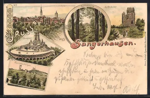 Lithographie Sangerhausen, Denkmal, Sachsenbürgen, Kyffhäuser, Rothenburg, Totalansicht