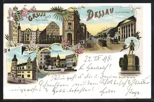 Lithographie Dessau, Residenzschloss, Rathaus, Kavalierstrasse mit Strassenbahn