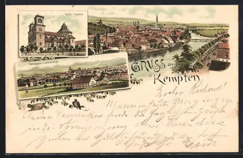 Lithographie Kempten / Allgäu, Kath. Kirche, Gesamtansicht