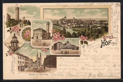 Lithographie Hof i. Bay., Rathaus, Altstadt mit Katholischer Kirche, Post