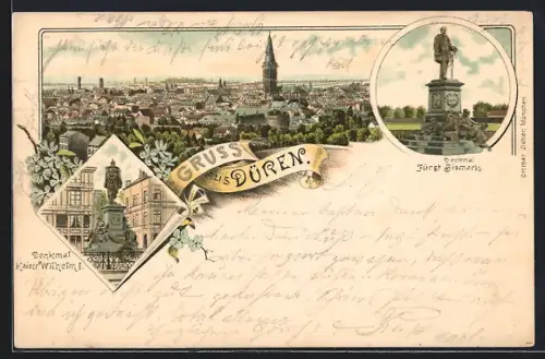Lithographie Düren, Totalansicht, Denkmal Kaiser Wilhelm I., Denkmal Fürst Bismarck