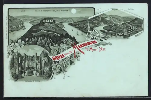 Lithographie Alf a. d. Mosel, Hotel & Restaurant von Carl Boemer, Marienburg, Inneres der Ruine