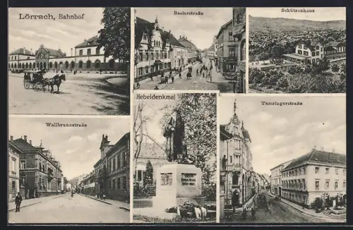 AK Lörrach, Bahnhof, Wallbrunnstrasse, Tumringerstrasse, Baslerstrasse, Hebeldenkmal