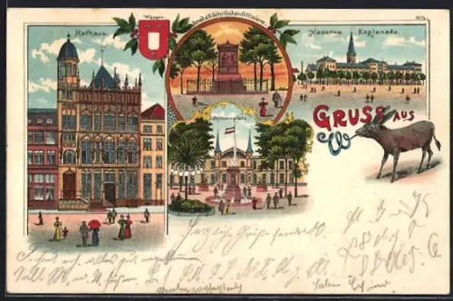 Lithographie Wesel / Rhein, Kaserne, Schützenplatz und Stadtwappen