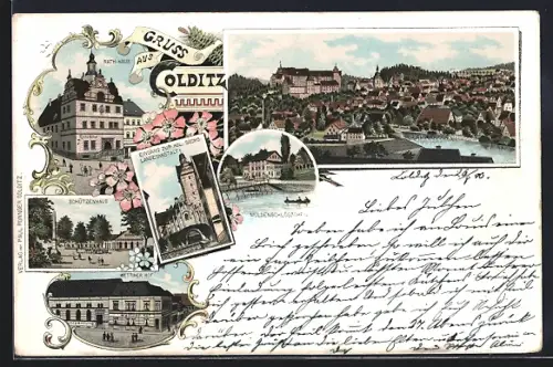 Lithographie Colditz, Rathaus, Schützenhaus, Wettiner Hof