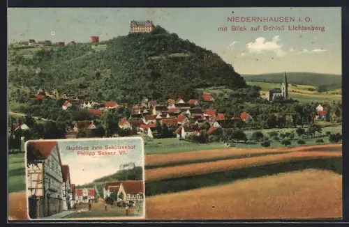 AK Niedernhausen i. O., Gasthaus zum Schützenhof, Gesamtansicht mit Schloss Lichtenberg