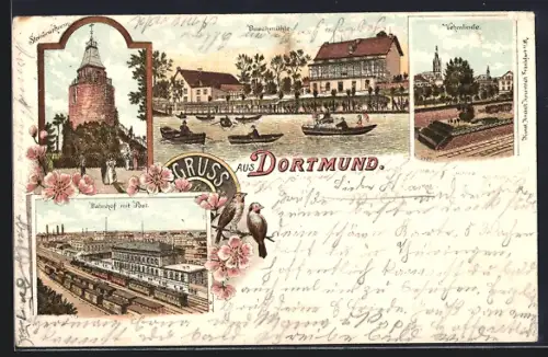Lithographie Dortmund, Buschmühle mit Bootspartie, Steinernthurm, Bahnhof mit Post aus der Vogelschau