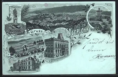 Lithographie Iserlohn, Alexanderhöhe, Post, Siedesdenkmal, Rathaus