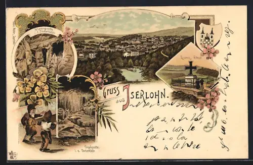 Lithographie Iserlohn, Orgelgrotte i. d. Dechenhöhle, Nixengrotte, Eisernes Kreuz