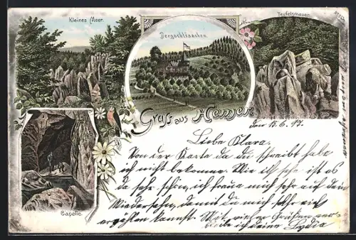 Lithographie Hemer, Bergschlösschen, Kleines Meer, Teufelsmauer, Capelle