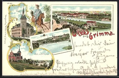 Lithographie Grimma, Post, Gattersburg, Blick ins Muldenthal