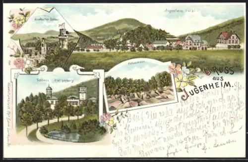 Lithographie Jugenheim / Bergstrasse, Schloss Heiligenberg, Auerbacher Schloss, Ortsansicht
