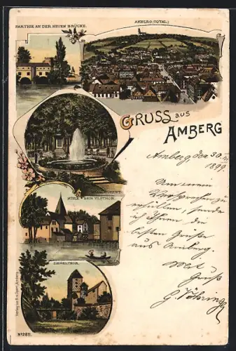 Lithographie Amberg, Partie an der neuen Brücke, Ziegelthor, Maxmonument, Ortsansicht