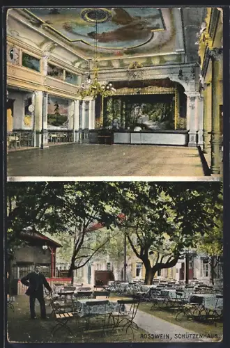 AK Rosswein, Gasthof Schützenhaus, Gartenansicht und Saal