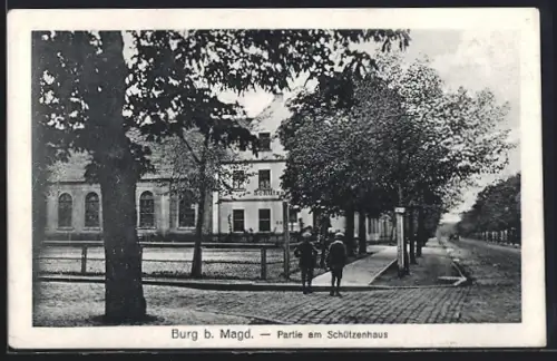 AK Burg b. Magd., Partie am Gasthaus Schützenhaus