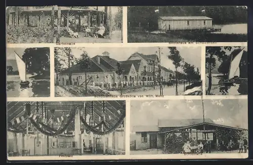 AK Grossköris, Gasthaus Schützenhaus von Wilh. Menz, Bootshaus, Schiessstand, Gartenhalle