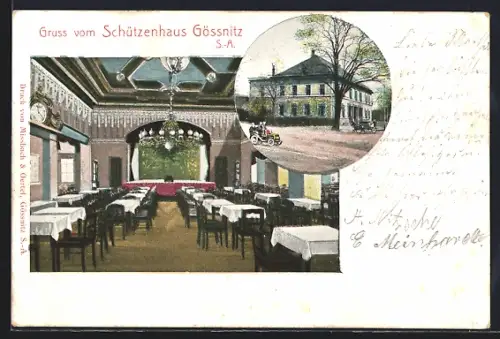 AK Gössnitz /S.-A., Gasthof Schützenhaus, Innen- und Aussenansicht