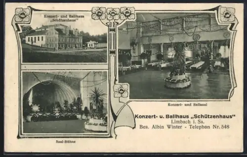 AK Limbach i. Sa., Konzert- und Ballhaus Schützenhaus, Innenansichten Konzert- und Ballsaal & Saal-Bühne