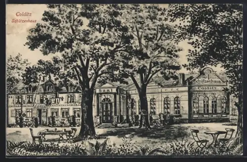 Künstler-AK Colditz, Gasthof Schützenhaus von Rob. Seidel