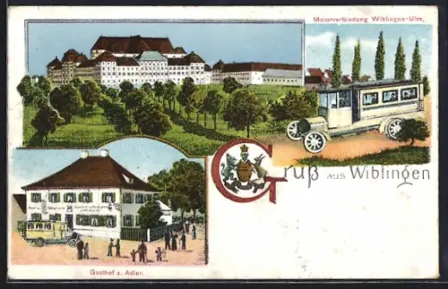 Künstler-AK Wiblingen, Gasthof z. Adler, Motorverbindung Wiblingen-Ulm