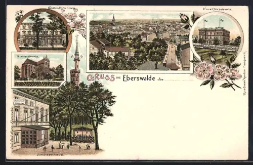Lithographie Eberswalde, Gasthaus Schützenhaus, Gesundbrunnen, Kloster Chorin