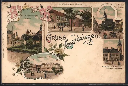 Lithographie Gardelegen, Magdeburger Strasse, Gasthaus Schützenhaus, St. Nikolai-Kirche