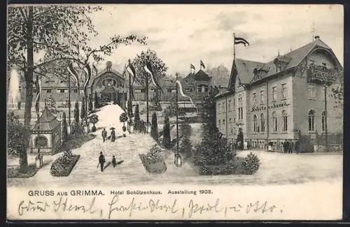 AK Grimma, Hotel Schützenhaus, Ausstellung 1908