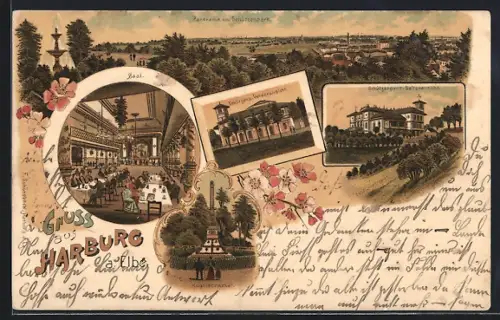 Lithographie Hamburg-Harburg, Kugeldenkmal, Schützenpark - Vorder- u. Seitenansicht, Saal, Panorama vom Schützenpark