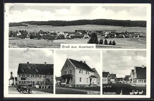AK Auerbach / Horgau, Gasthaus S. Welz, Molkerei, Strassenpartie, Gesamtansicht