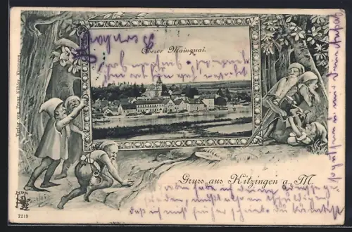 AK Kitzingen a. M., Oberer Mainquai, Zwerge tragen einen Bilderrahmen