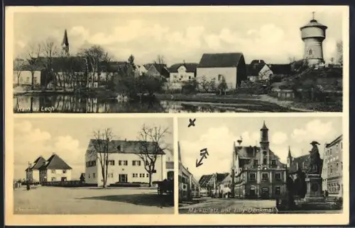 AK Rain a. Lech, Uferpartie, Postamt, Marktplatz mit Tilly-Denkmal