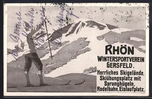 Grusskarten-AK Gersfeld /Rhön, Skifahrer am Wintersportplart