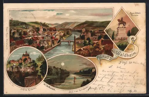Lithographie Waldheim / Sachsen, Kaiser Wilhelm-Denkmal, Blick in das Zschopauthal und Schloss Kriebstein