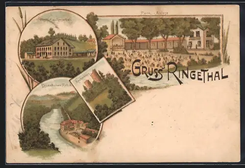 Lithographie Ringethal, Gasthof zu Ringethal, Park-Anlage, Raubschloss
