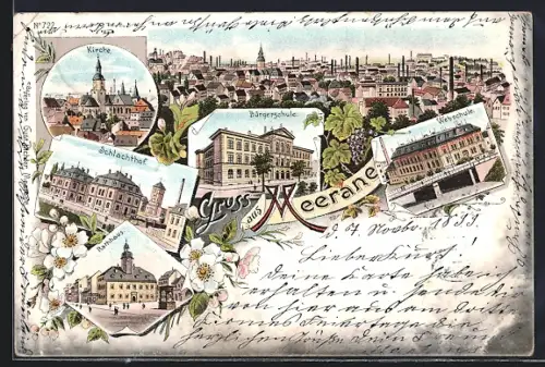 Lithographie Meerane, Schlachthof, Webschule und Rathaus