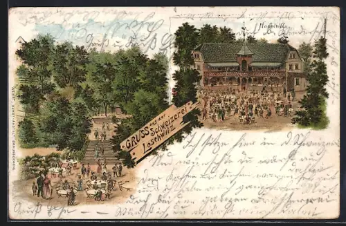 Lithographie Lochwitz, Gasthaus Schweizerei Loschwitz, Hauptvilla