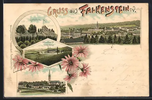 Lithographie Falkenstein / Vogtland, Göltsschwerk, Lochsteine, Ortsansicht