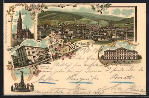 Lithographie Aue i. Erzgeb., Bürgerschule, Fachschule f. Blechindustrie, Kirche, Kriegerdenkmal