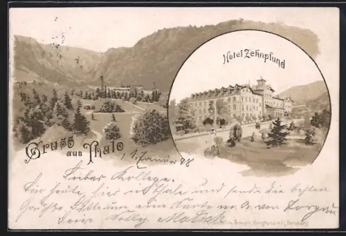 Lithographie Thale, Hotel Zehnpfund und Landschaftsansicht