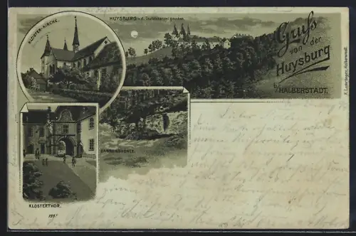 Mondschein-Lithographie Halberstadt, Huysburg, Kloster Kirche, Klosterthor