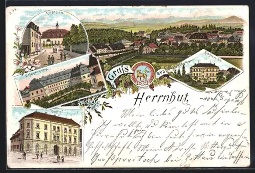 Lithographie Herrnhut, Mädchenanstalt, Kirchensaal, Schwesternhaus, Gasthof