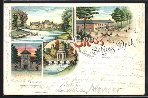Lithographie Jüchen, Ansichten von Schloss Dyck